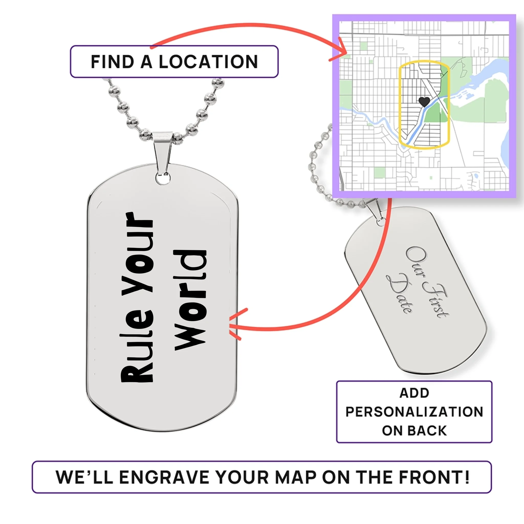 Dog Tag Map Necklac Explainer Silver